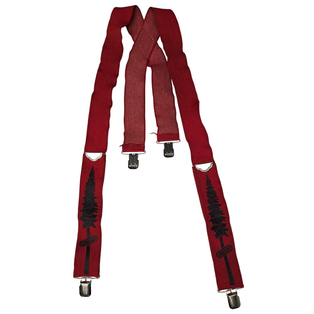 Vintage‎ Oregon Pine Tree Suspenders Mens Red Y-Back Clip-On Braces Northwest